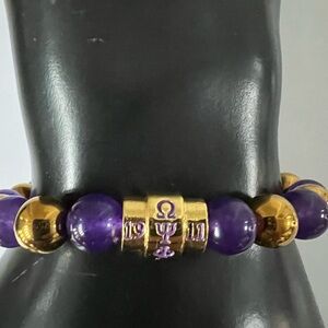 Omega Psi Phi Natural Stone and golden Bead Bracelet Purple and Gold